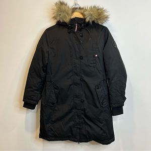 Tommy Hilfiger Down Parka Coat Insulated Padded Jacket Hood Fur Black